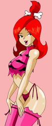 ass bikini bone breasts brown_eyes clothes crop_top female hair hair_ornament hanna-barbera large_breasts long_hair looking_at_viewer open_mouth pebbles_flintstone pose red_hair smile solo the_flintstones the_pebbles_and_bamm-bamm_show thighhighs toon topknot