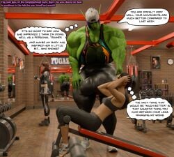 3d blue_eyes bulge dickgirl female full_body futanari green_skin gym_clothes hyper hyper_balls hyper_cock hyper_penis hyper_testicles large_balls large_breasts large_penis large_testicles leggings muscles muscular muscular_futanari orc orc_futanari purple_hair seline selinemukgrom shemale zoey_(left_4_dead)