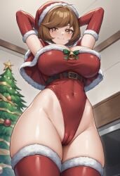 ai_generated arms_up blue_angel blush brown_eyes brown_hair christmas duelistmuser female gloves huge_breasts legwear leotard looking_at_viewer low-angle_view mature_female navel santa_costume short_hair smile thighs voluptuous yu-gi-oh! yu-gi-oh!_vrains zaizen_aoi