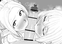 1boy 2girls absurdres bar_censor censored closed_eyes cooperative_fellatio dungeon_meshi elf erection falin_touden fellatio greyscale highres kaiman_garupan long_hair looking_at_viewer looking_up marcille_donato monochrome multiple_girls oral penis pointy_ears pov precum saliva short_hair straight