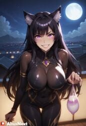 1girls after_sex ai_generated aliusnext animal_ears black_hair bodysuit crazy crazy_eyes delta_(the_eminence_in_shadow) facial_markings female filled_condom grin high_quality high_resolution highres holding_object huge_ass huge_breasts looking_at_viewer patreon purple_eyes tagme the_eminence_in_shadow used_condom yandere