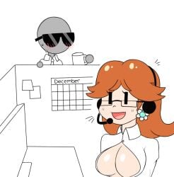 black_skirt blue_eyes boob_window breasts brown_hair cleavage collared_shirt computer crossed_legs earrings female flower_earrings glasses grin highres jewelry looking_at_viewer loveboxf mario_(series) meme nintendo office_lady princess_daisy shirt short_hair smile super_mario_land thighs tomboy