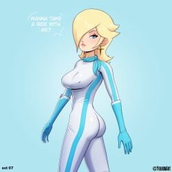 1girls artist_name ass blonde_hair blue_background blue_eyes bodysuit cowboy_shot earrings english_text gloves hair_over_one_eye hi_res long_hair looking_at_viewer mario_(series) mario_kart nintendo nipple_bulge official_alternate_costume parted_lips princess_rosalina racing_suit scarf seductive seductive_look simple_background skin_tight solo standing super_mario_galaxy talking_to_viewer text yolkiin