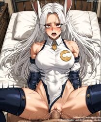 1boy abs ai_generated animal_ears bangs bare_shoulders bed bed_sheet black_legwear black_thighhighs blue_thighhighs blush boku_no_hero_academia breasts bunny_ears bunny_girl clothed_female clothed_female_nude_male clothed_sex clothing clothing_aside covered_navel cowgirl_position cowgirl_position crescent_print dark-skinned_female dark_skin elbow_gloves female female gloves highleg highleg_leotard indoors jousneystudio large_breasts legwear leotard leotard_aside long_eyelashes long_hair looking_at_viewer lying male male_pov mirko miruko muscle muscular_female my_hero_academia navel nipples nude nude_male on_back on_bed on_top open_mouth penis pillow pov red_eyes rumi_usagiyama sex sleeveless_turtleneck_leotard solo_focus spread_legs straddling straight sweat teeth thighhighs thighs turtleneck_leotard uncensored usagiyama_rumi vagina vaginal_penetration very_long_hair white_hair white_leotard