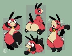 ass bedroom_eyes big_butt bulge collar collar_bell ear ears_up feet_up nose nyyakikki paws plushie plushie_tag ranch_(kuronoodles) red_body red_fur shortstack tagme tail thick_thighs yawn yawning_position