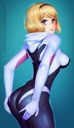 1girls ass blonde_female blonde_hair blue_eyes bodysuit breasts grabbing_own_ass marvel marvel_comics medium_breasts nipple_bulge short_hair solo solo_female spider-gwen spider-man_(series) tight_bodysuit xxnikichenxx