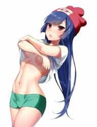 1girls :o akira_(natsumemo) beanie blush breasts cosplay cowboy_shot crossed_arms female fully_clothed hair hat headgear human long_hair looking_at_viewer midriff navel nintendo parted_lips pokemon pokemon_frlg pokemon_rgby pokemon_sm purple_hair red_eyes red_hat sabrina_(pokemon) selene_(pokemon)_(cosplay) shirt_lift shorts simple_background small_breasts solo stomach tsurime underboob undressing white_background