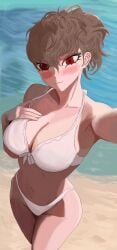 1girls absurd_res alternate_costume atlus bathing_suit beach bikini brown female_focus female_only female_protagonist_(persona_3) hair kotone_shiomi large_breasts lecleaver looking_at_viewer pale-skinned_female persona persona_3 persona_3_portable red_eyes selfie