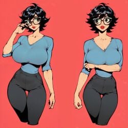 1girls ai_generated bangs big_breasts big_chest big_eyes black_hair chest clothed clothing curvy curvy_figure front_view glasses hourglass_figure huge_breasts light-skinned_female light_skin lipstick multiple_views original short_hair simple_background slim_waist solo_focus thick_hips