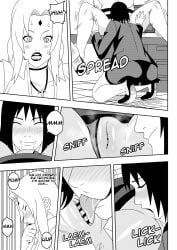 2girls age_difference big_breasts boss_and_employee breasts comic cunnilingus dialogue embarrassed english_text female female_only formal formal_clothes huge_breasts indoors licking licking_pussy mature mature_female moaning monochrome multiple_girls naruto naruto:_the_last naruto_(series) naruto_shippuden ninrubio office office_lady older_woman_and_younger_girl pussy shizune sitting spread_legs story teacher_and_student tsunade voluptuous yuri