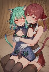 ai_generated blush cat_ears cat_tail crotch_bulge erection_under_clothes futanari hololive hololive_fantasy hololive_japan houshou_marine hugging hugging_from_behind jouthechou sitting_on_lap smug uruha_rushia virtual_youtuber