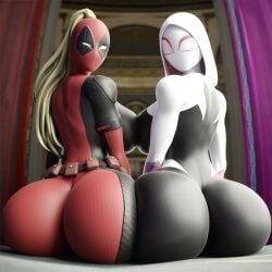 2girls antiheroine big_breasts breasts costume deadpool deadpool_&_wolverine_(2024) deadpool_(film) deadpool_corps gwen_stacy heroine hips lady_deadpool looking_at_viewer looking_back looking_back_at_viewer marvel marvel_comics mask masked multiple_girls older_female sitting spider-gwen spider-man:_across_the_spider-verse spider-man:_into_the_spider-verse spider-man_(series) superhero superhero_costume superheroine thick_thighs thighs tight_clothing wanda_wilson wide_hips wotm8h8 younger_female