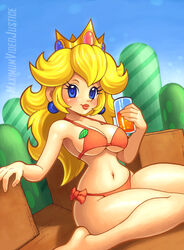 1girls bikini blonde_hair blue_eyes female female_only mario_(series) maximumvideojustice nintendo orange_bikini outdoors princess_peach solo super_mario_bros. swimsuit wariza