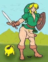 big_penis blonde_hair blonde_hair_male blue_eyes demien femboy green_clothing link male_only nintendo the_legend_of_zelda