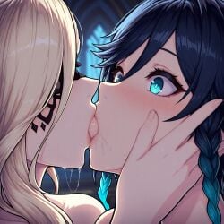 ai_generated assertive_female blush embarrassed extreme_french_kiss genshin_impact grabbing_another's_head saliva signora_(genshin_impact) surprised_expression surprised_face taller_female tongue_kiss venti_(genshin_impact)