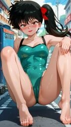 ai_generated asian asian_female athletic_female bare_thighs barefoot black_hair brown_eyes gym_clothes huge_breasts huge_thighs kodachi_kuno light-skinned_female light_skin looking_at_viewer momohachi_r ranma_1/2 side_ponytail smiling solo_female squatting sweat sweatdrop thick_thighs thighs voluptuous voluptuous_female