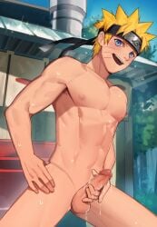 1male bara big_chest big_cock cum cum_on_floor cum_outside cum_twice jerking jerking_off male_only muscular muscular_male naruto public small_balls uzumaki_naruto without_clothes yaowu