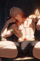 ai_generated erection_under_clothes honkai:_star_rail legnarti medium_hair muscular_male mydei_(honkai:_star_rail) penis_bulge pubic_hair red_hair sitting solo_male tattoo thick_thighs throne yellow_eyes