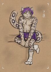 2016 anthro clothed clothing crossdressing erection feline fur girly hair legwear leopard looking_at_viewer male mammal pencil_(artwork) penis simple_background skirt smile snow_leopard socks solo spots tolbi traditional_media_(artwork)