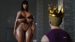 big_ass big_breasts bikini dark_hair gold_jewelry huge_breasts king legend_of_queen_opala osira tan_body thick_thighs throne_room voluptuous