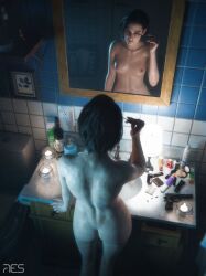 1girls 3d bathroom brown_hair female female_focus female_only jill_valentine light-skinned_female light_skin mirror naked naked_female nude nude_female res_(artist) resident_evil resident_evil_2 small_breasts tagme witcherres