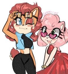 amy_rose animal_humanoid anthro archie_comics blue_eyes bracelet chipmunk_humanoid clothing dress eulipotyphlan eulipotyphlan_humanoid eyewear female glasses green_eyes ground_squirrel_humanoid gummierat hair hedgehog_humanoid hi_res humanoid jewelry long_hair looking_at_viewer looking_up mammal mammal_humanoid open_mouth pink_hair red_clothing red_dress red_hair rodent rodent_humanoid sally_acorn sciurid sciurid_humanoid sega short_hair smile sonic_the_hedgehog_(archie) sonic_the_hedgehog_(comics) sonic_the_hedgehog_(series) sunglasses tail teeth tongue