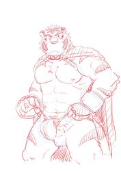 build_tiger cape clothing feline frown kumacchi male male_only mammal muscular simple_background sketch thong tiger