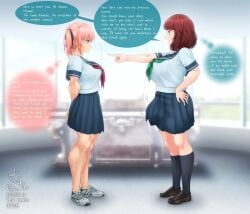 2futas angry athletic athletic_futanari big_breasts cup dialogue english english_text futanari huge_breasts large_breasts megumi_amano_(muchin) muchin mug muscles muscular muscular_futanari school school_uniform schoolgirl socks text tie twintails