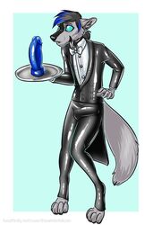 anthro blue_dildo bow_tie dildo fur furry furry_only hair male_only plate skin_tight solo tail thewhitefalcon tie