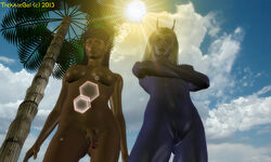 1futa 1girls 3d andorian_(species) antennae athletic blue_skin breasts crossed_arms duo female from_below futanari intersex lens_flare looking_down nude outdoors palm_tree penis star_trek trekkiegal vulcan_(species)