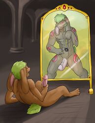 2boys anthro barefoot bottomless empty_eyes erection furry green_hair hair handjob male male_only maledom malesub masturbation mind_control mirror mirror_control mobile_size multiple_boys no_link nude open_mouth pendulum penis pink_penis rabbit