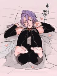 barefoot bishonen blush cum cum_on_body feet kasen_kanesada looking_at_viewer male male_only penis purple_hair solo toes touken_ranbu