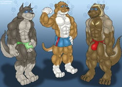 3boys anthro barefoot blue_background blue_eyes bulge closed_mouth clothes cyberklaw erection furry furry_only gay gradient_background happy happy_trance hypno_only male male_only mind_control mobile_size penis simple_background smile yaoi