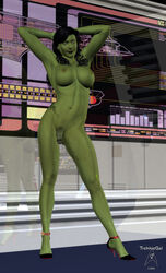 1futa 3d arms_behind_head big_breasts black_hair breasts bridge brown_hair captain futa_only futanari green_skin heels high_heels intersex lcars legs long_hair looking_at_viewer naked_footwear naked_heels nipples nude orion_(species) penis smile solo star_trek tattoo trekkiegal