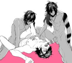 3boys abs anal blush cum cum_in_mouth facial fellatio grin group_sex joy-pix male_only monochrome multiple_boys muscle nude ookurikara oral pecs penis sex shokudaikiri_mitsutada smile spot_color tattoo threesome touken_ranbu white_background wince yaoi