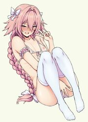 1boy :d arm_garter astolfo_(fate) between_legs blush braid breastless_clothes collarbone commentary covering covering_crotch cute_fang eyebrows_visible_through_hair eyes_visible_through_hair fate/apocrypha fate_(series) full_body hair_between_eyes hair_ribbon half-closed_eyes hand_between_legs highres long_hair looking_at_viewer male male_only nipples open_mouth panties pas_(paxiti) pink_eyes pink_hair ribbon simple_background single_braid smile solo thighhighs underwear v very_long_hair white_background white_legwear white_ribbon