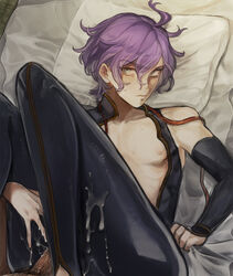 2boys bed bishonen blush cum cum_on_body erection kasen_kanesada multiple_boys nipples painting_(artwork) penis pillow purple_hair tagme touken_ranbu undressing yaoi