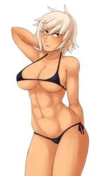 bikini black_bikini blazblue blazblue:_chronophantasma blush breasts brown_eyes bullet_(blazblue) cleavage dark-skinned_female dark_skin female highres ittla looking_at_viewer micro_bikini pose scar short_hair side-tie_bikini simple_background solo swimsuit toned underboob white_background white_hair