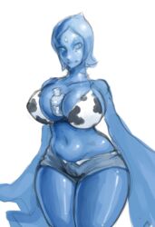 armless blue_skin borvar bottle breasts clavicle cleavage cow_bikini cow_print curvy denim_shorts female female_focus female_only fi forehead_jewel jean_shorts large_breasts limited_palette midriff nintendo object_between_breasts shiny_skin shorts skyward_sword solo the_legend_of_zelda water white_background wide_hips wide_sleeves