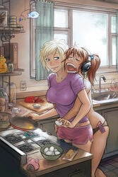 2girls aidenke amy_(aidenke) bedhead bell_pepper blonde_hair blue_eyes bob_cut breakfast brown_hair butter casual_nudity cooking couple cute dolphin_shorts domestic drooling duo eggs femsub fire food frying_pan groping groping_breasts groping_from_behind gym_shorts headphones hugging_from_behind ipod jobeth_(aidenke) kitchen kitchen_counter lezdom looking_at_partner love messy_hair morning multiple_girls panties panties_only pigtails psudonym romantic short_hair sleepwalking sleepwear sleepy smile stove t-shirt tired topless twintails underwear yawn yuri