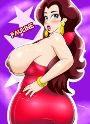 1girls ass auburn_hair big_ass big_breasts big_butt blue_eyes blush bracelet breasts breasts_out breasts_out_of_clothes butt dat_ass donkey_kong_(arcade) dress earrings eyeshadow female female_only fingernails hand_on_hip huge_ass huge_breasts huge_butt large_ass large_breasts light_skin lips lipstick long_hair mario_(series) nail_polish nintendo nipples open_mouth pauline purple_background side_view sideboob solo speeds teardrop_earrings wide_hips