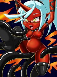 anal andersonicth areolae blue_hair breasts collar demon fangs female glasses high_heels horn kneesocks_daemon panty_&_stocking_with_garterbelt penetration ponytail pussy red_skin spikes stomach_bulge tentacle tied_hair tongue tongue_out vaginal_penetration