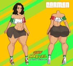 breasts carmen_and_kelsie carmen_marvello character_profile character_sheet dark_hair feet female from_behind high_heels huge_ass jay-marvel latina long_hair long_nails makeup mexican_flag microskirt miniskirt original original_character skirt smile thick_thighs tight_clothes toes wide_hips