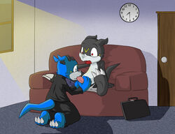 briefcase clock digimon duo fur furry furry_only gay male male_only open_mouth penis sofa tail yaoi