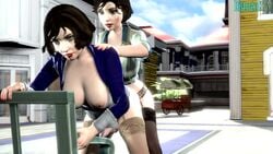 2girls 3d animated bent_over bioshock bioshock_infinite brown_hair corset dickgirl distortedsfm elizabeth_comstock from_behind futa_on_futa futanari garter_belt garter_straps intersex large_breasts lipstick no_sound outdoors selfcest source_filmmaker thighhighs video