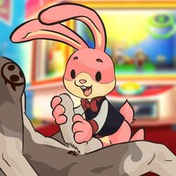 2boys anthro black_eyes clothes erection foreskin furry gay handjob happy indoors kneeling male male_only mobile_size multiple_boys nintendo nintendo_badge_arcade no_link open_mouth penis rabbit rabbit_boy reupload sales_bunny sex testicles