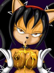 amber_eyes andersonicth anthro areolae black_hair breasts collar feline female furry gloves hairband honey honey_the_cat honeycombs looking_at_viewer nude pun solo sonic_(series) tied_hair twintails