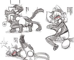 1girls 2_tails blush breath cathypalug clothing egg egg_laying eyewear felid feline female female_only glasses hi_res humanoid japanese_text legwear mammal multi_tail pantyhose patchwork_creature pillow pregnant shaking solo straining struggling tail text translation_request trembling