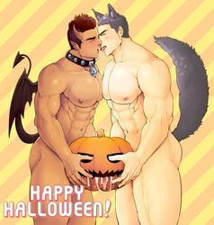 animal_ears ass bara collar cum demon drooling fucking_pumpkin halloween horns jack-o'-lantern kissing male male_only multiple_boys muscles nude penetrating_object pumpkin saliva tagme tail werewolf winemvee wings