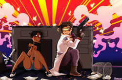 1boy 1girls ace boots bracelet breasts dark-skinned_female dark_skin disgusted female glasses gunfire gunshot interracial male masturbation nipples noelle pixie_cut samasan short_hair smile sneakers tomboy trash_can visor